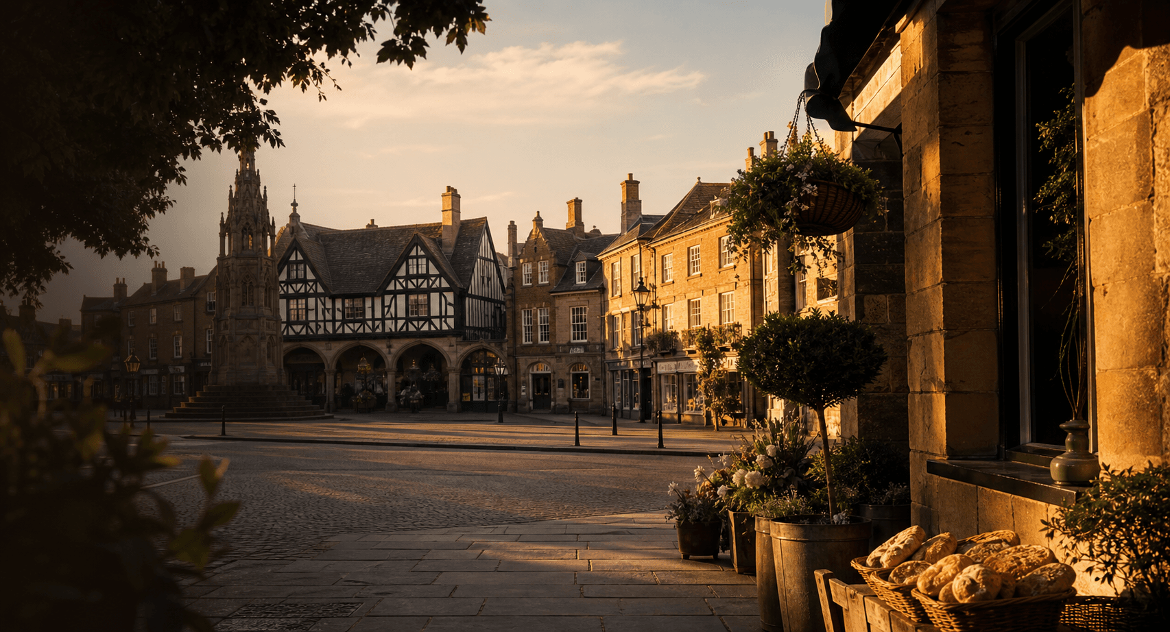 Editorial image evoking Market Harborough as a warm historic market town